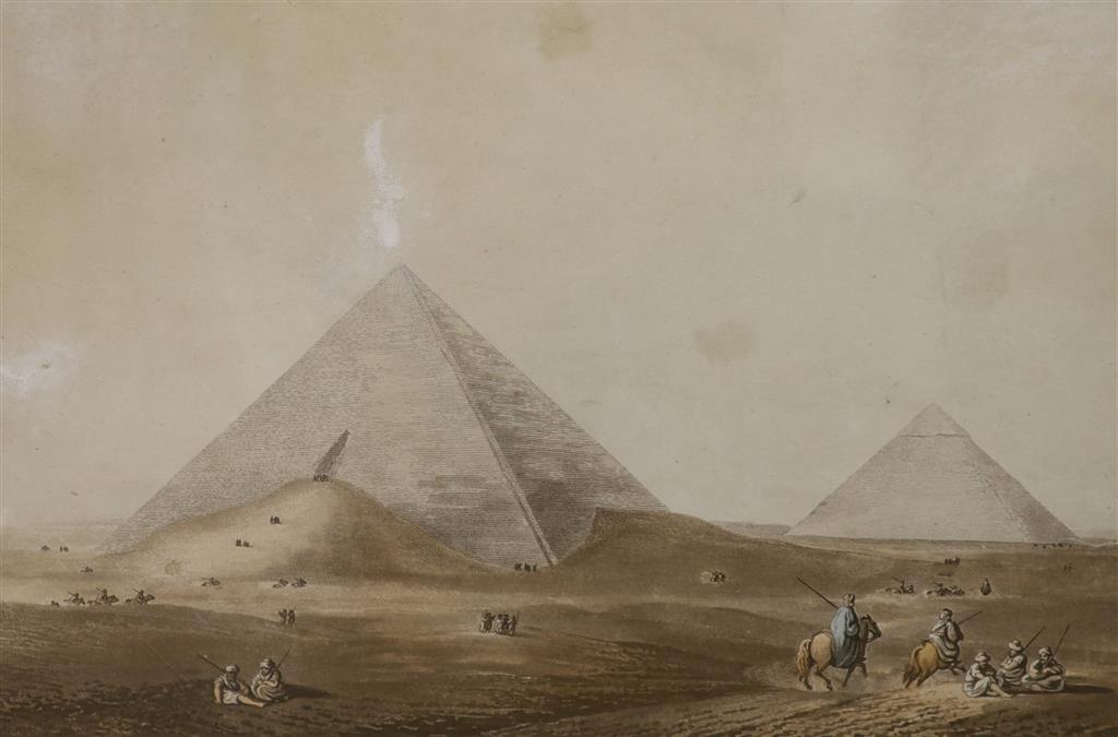 Milon after Luigi Meyer, coloured aquatint, First and Second Pyramid of Gizah, Ancient Memphis, 25 x 33cm